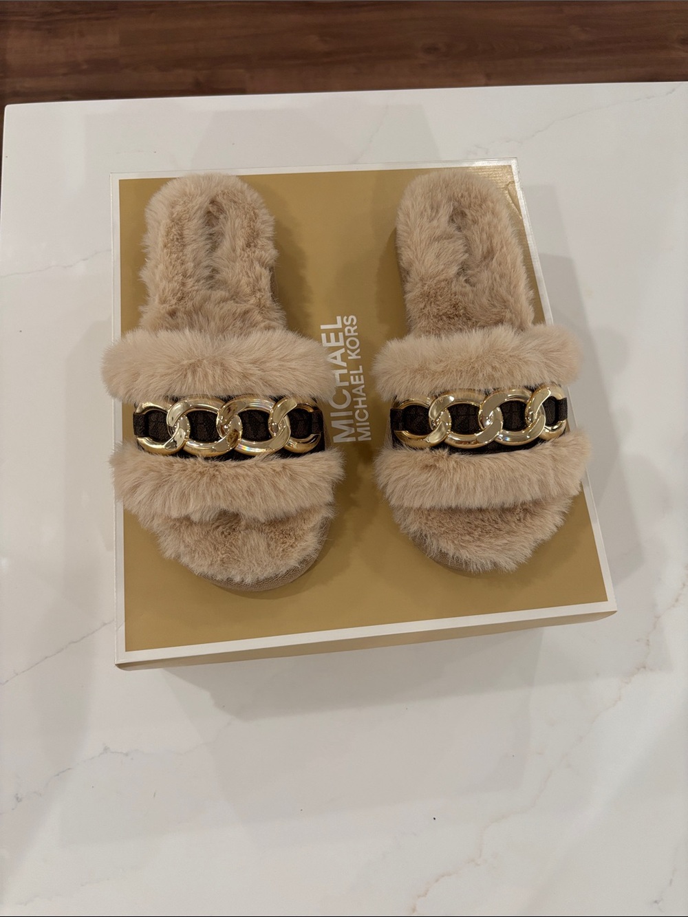Michael Kors Tan Faux Fur Slide Sandals with Gold Chain Accent